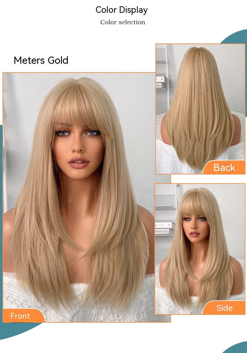 Beige blonde synthetic wig with 60cm long straight hair styled in layers for a fashionable look