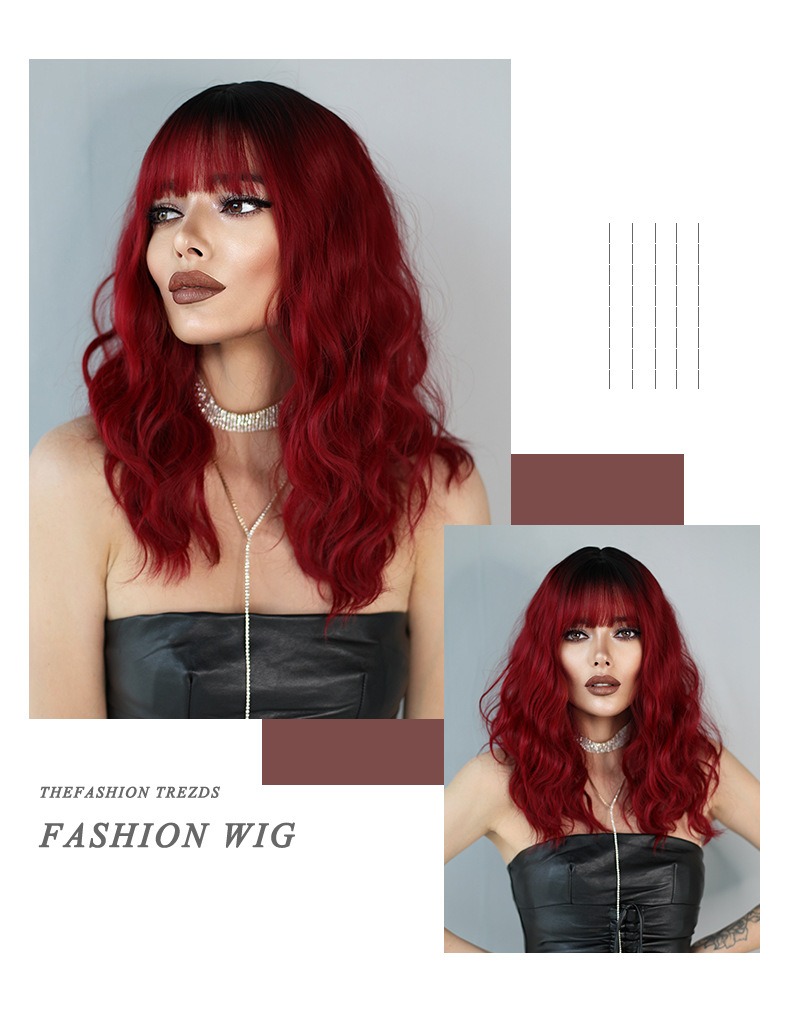 A red-brown Halloween wig for women, designed with medium length and bangs, perfect for costumes