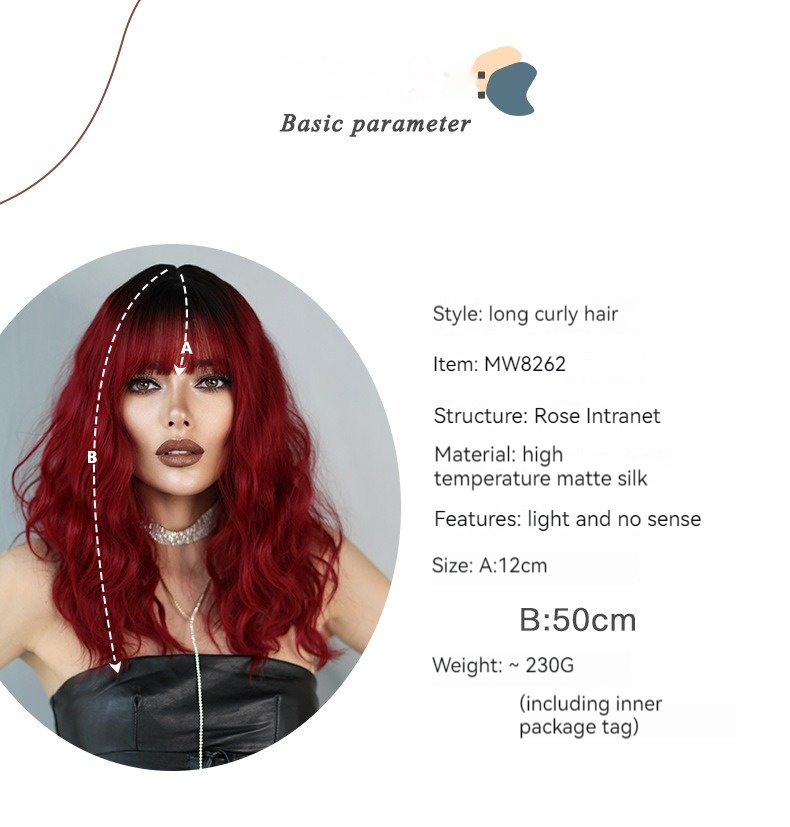 Image of a synthetic wig designed for women, featuring red-brown hair of medium length with bangs, ideal for Halloween