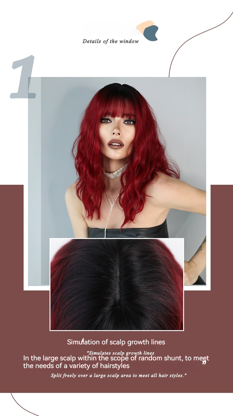 A fashionable synthetic wig for women, featuring red-brown hair of medium length with bangs, suitable for Halloween