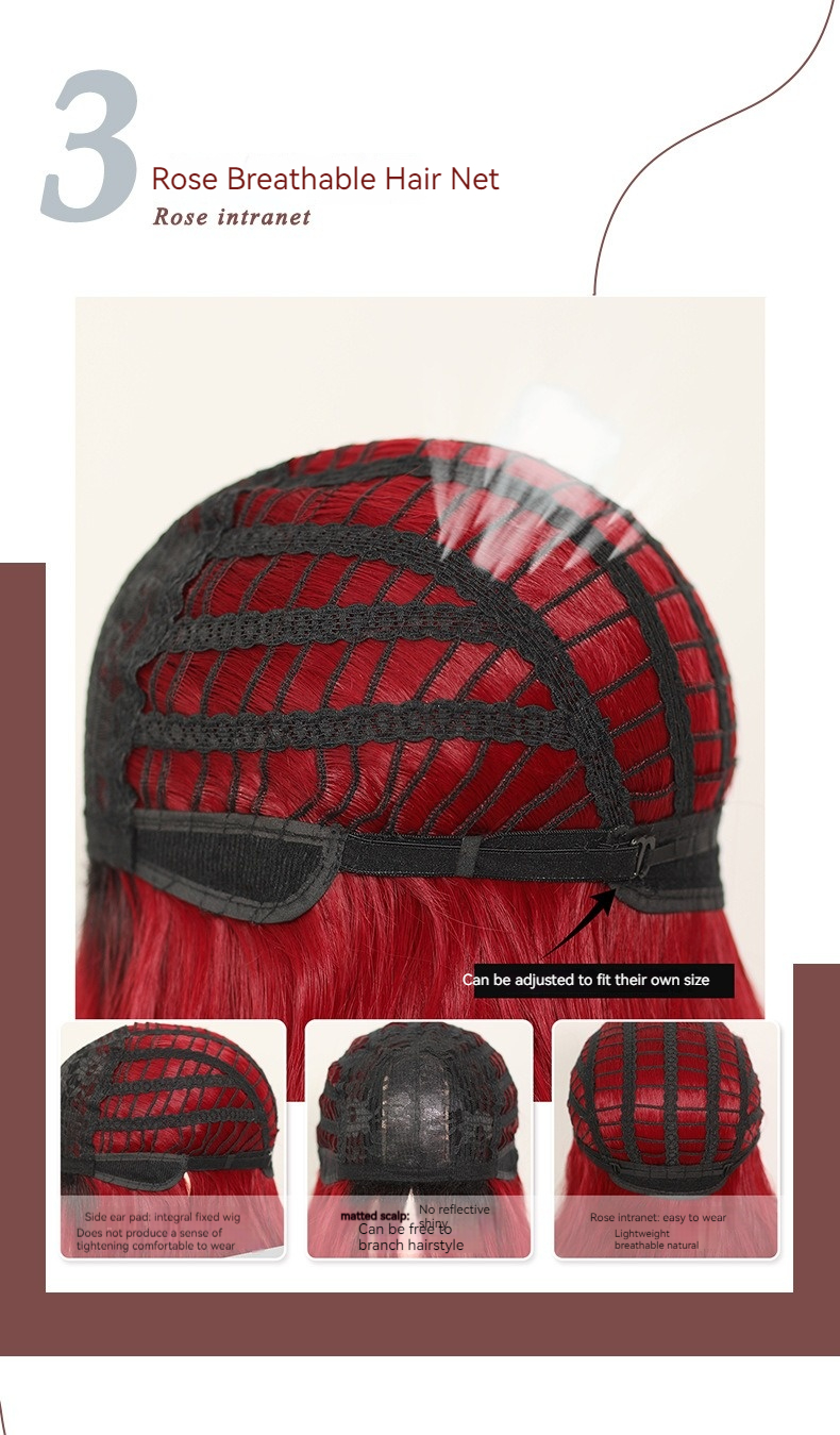 Image of a synthetic wig designed for women's fashion, featuring red-brown hair of medium length with bangs, ideal for Halloween
