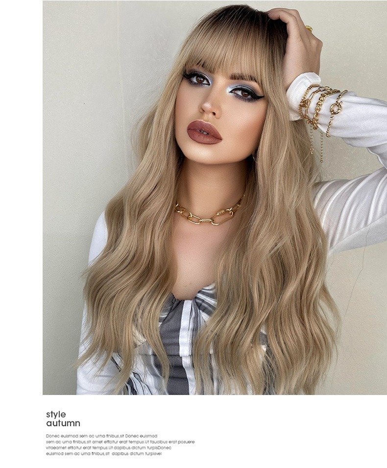 Elegant women's synthetic wig in radiant gold curly hair with long bangs, a fashionable choice