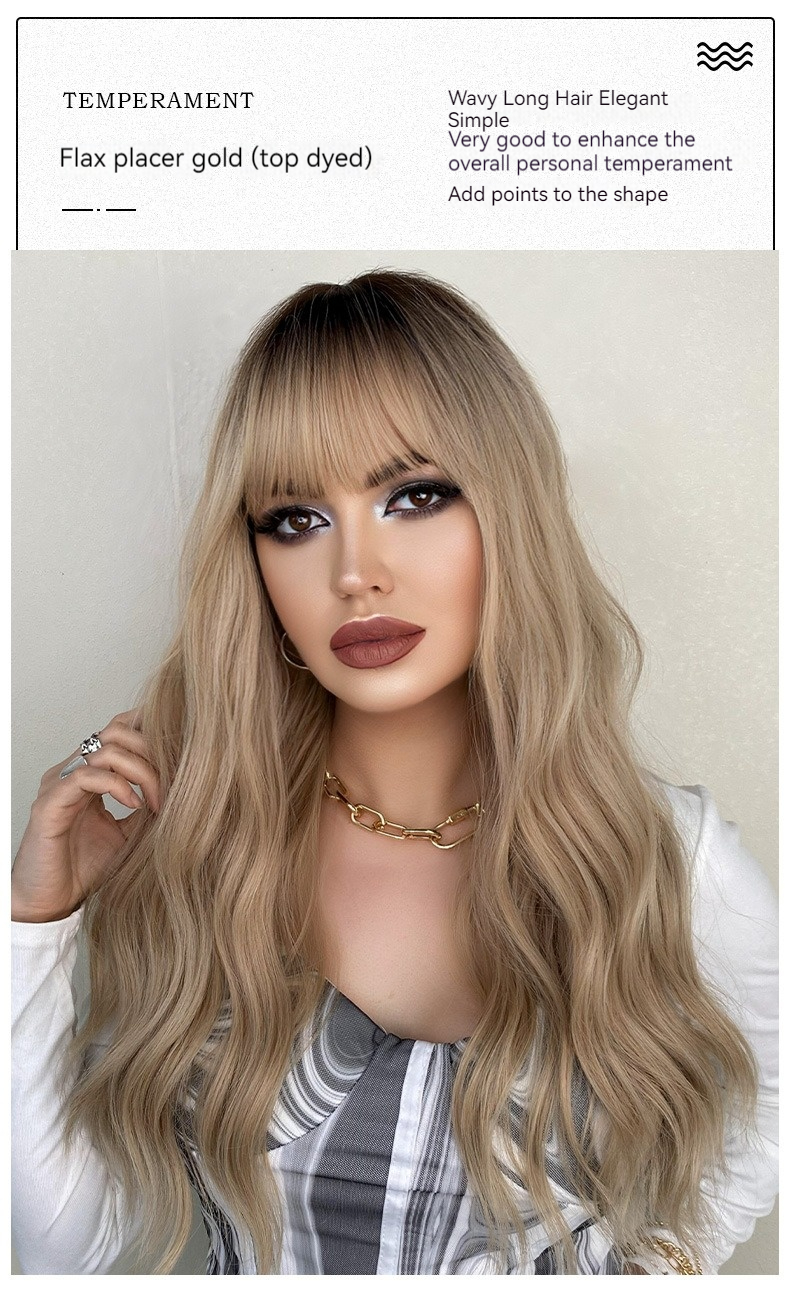 Synthetic wig in gold curly hair with long bangs, styled in a fashionable women's hairstyle