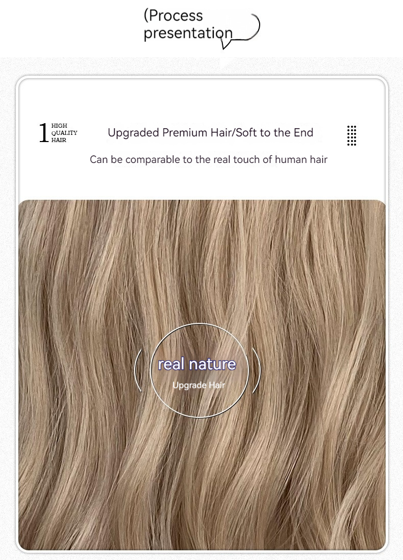 Synthetic wig in blonde curly hair with long bangs, designed for stylish and fashionable women