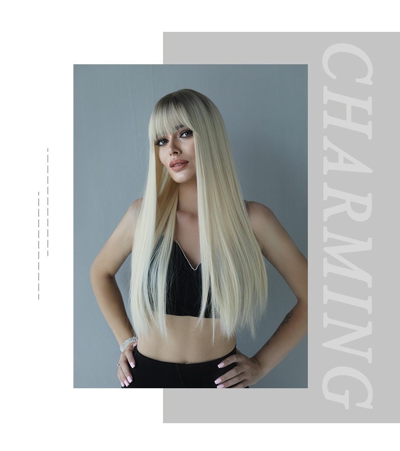 An extra-long synthetic wig with straight hair, styled in a chic platinum gradient pencil gray color, perfect for cosplay and fashion