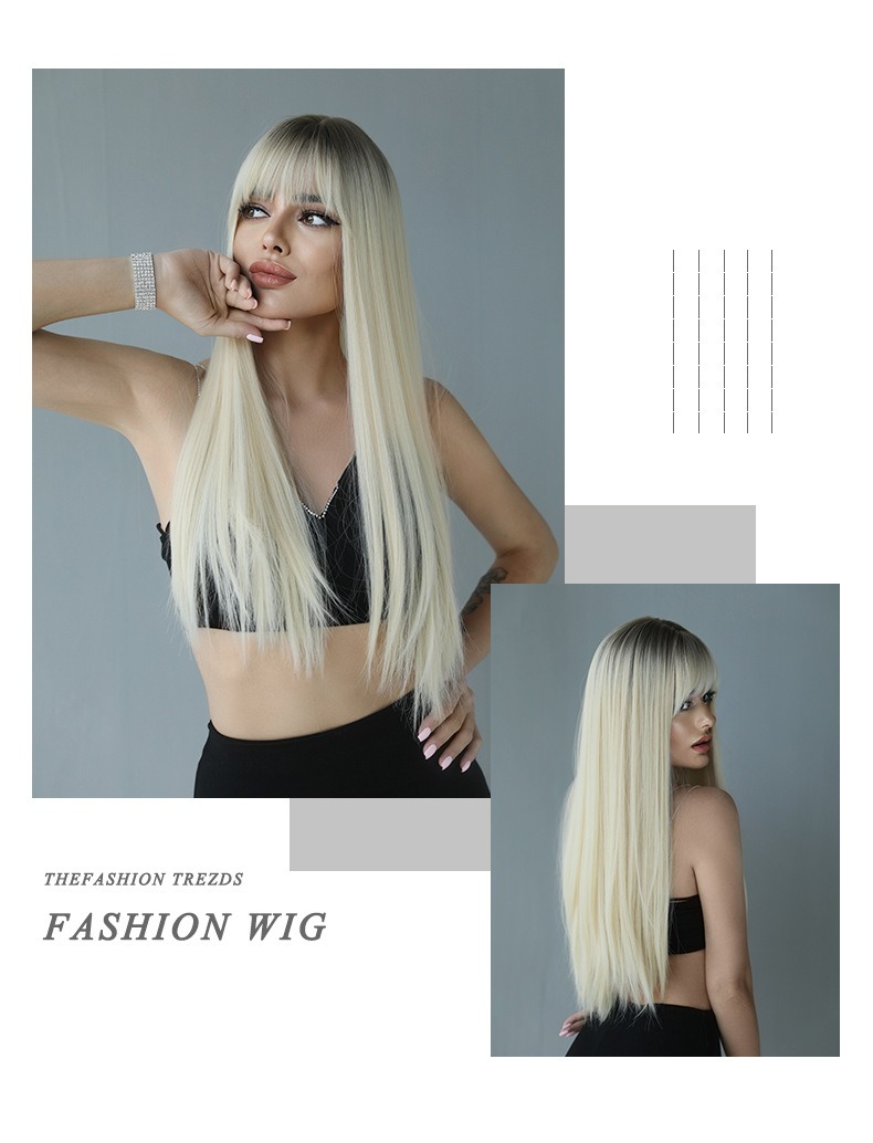A synthetic wig styled in an extra-long straight design, featuring a beautiful platinum gradient pencil gray color, perfect for elegant looks