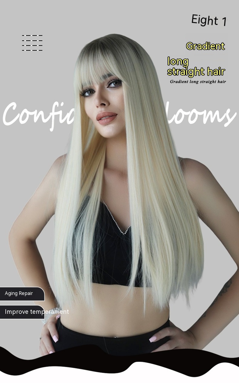 A synthetic wig with extra-long straight hair in a stunning platinum gradient pencil gray color, ideal for fashion-forward looks