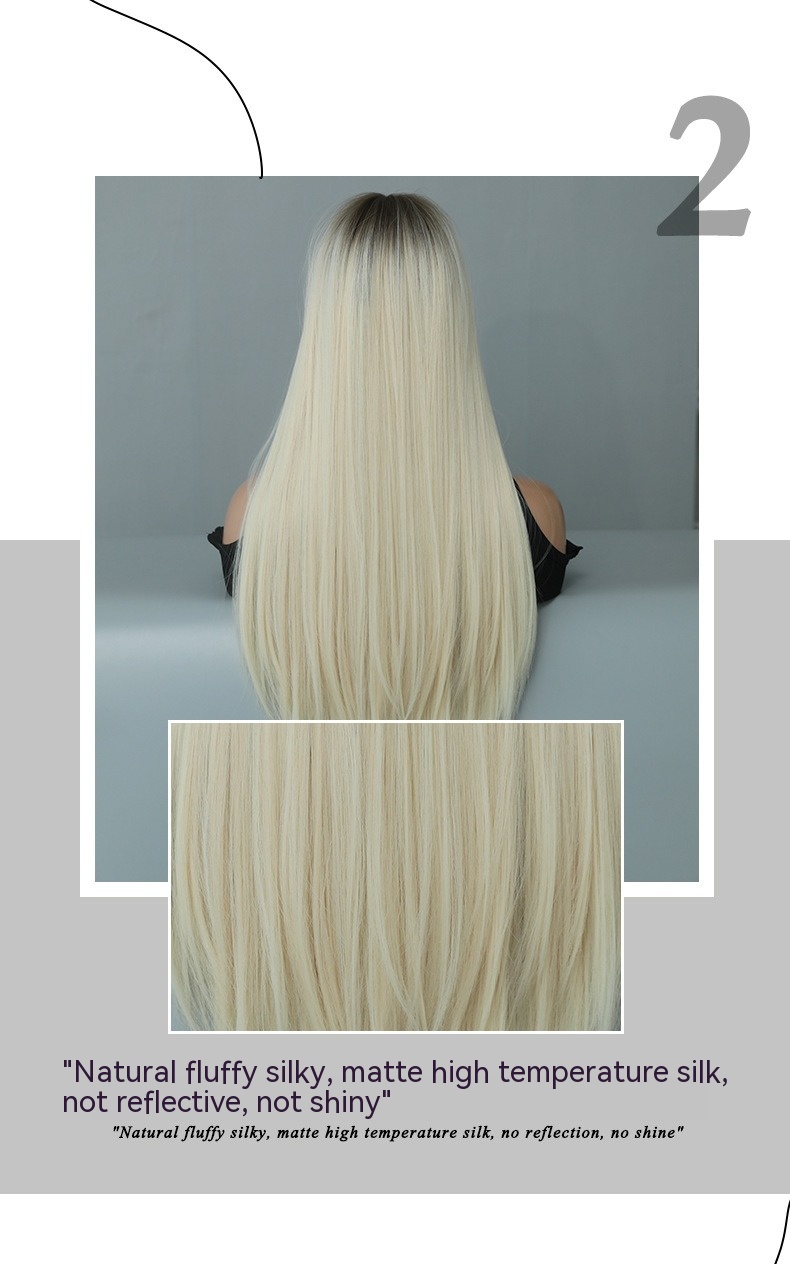 An extra-long synthetic wig with straight hair, showcasing a beautiful platinum gradient pencil gray color for a chic appearance