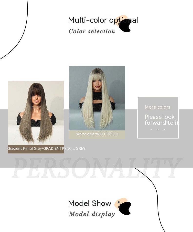 A synthetic wig featuring extra-long straight hair in a fashionable platinum gradient pencil gray color, ideal for trendy outfits
