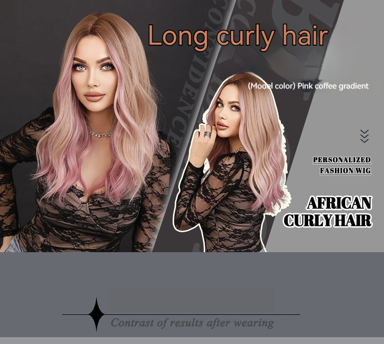 Image of a synthetic wig with pink gradient long curly hair, styled with large waves parted in the middle