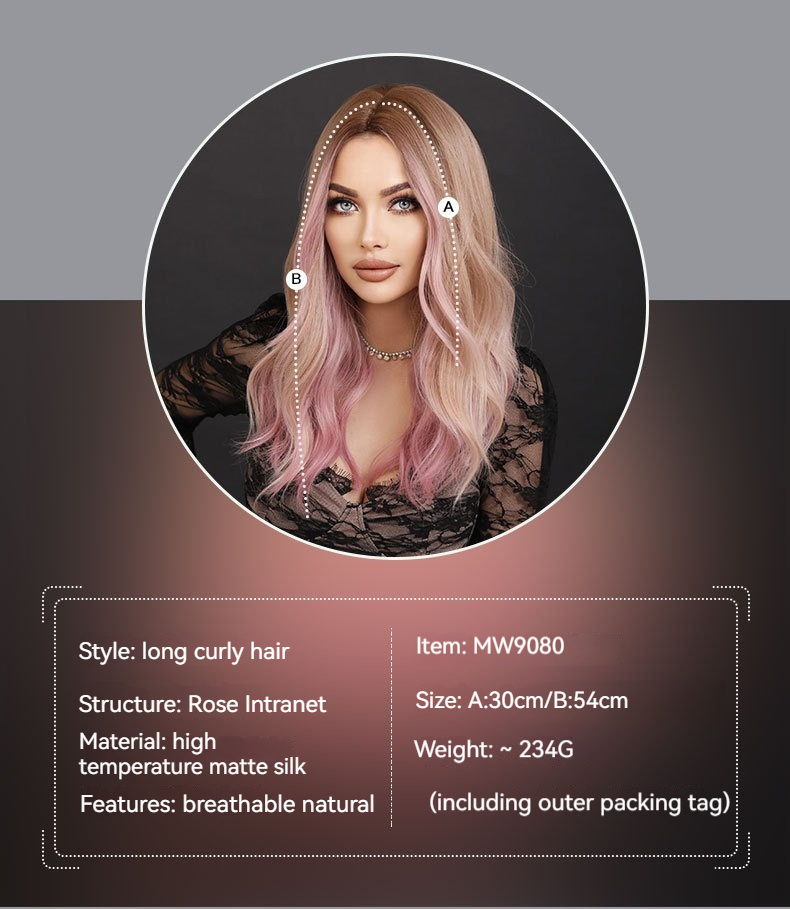 A synthetic wig with long curly pink gradient hair, styled with a middle part.
