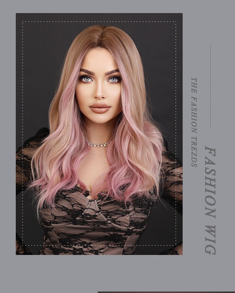 Image of a pink gradient synthetic wig with long curly hair, styled with large waves and a middle part