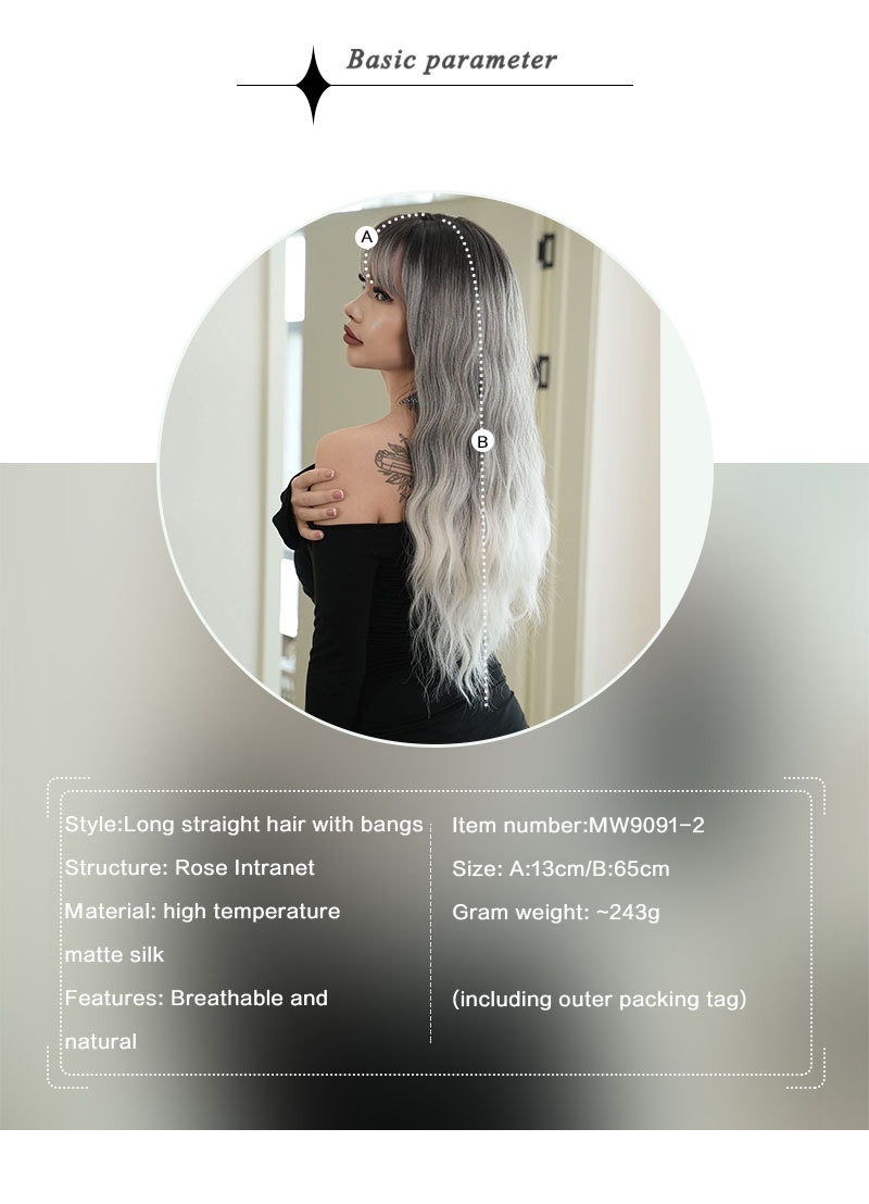 A wig with gray gradient long curly synthetic hair styled in large waves, designed for a fashionable appearance.