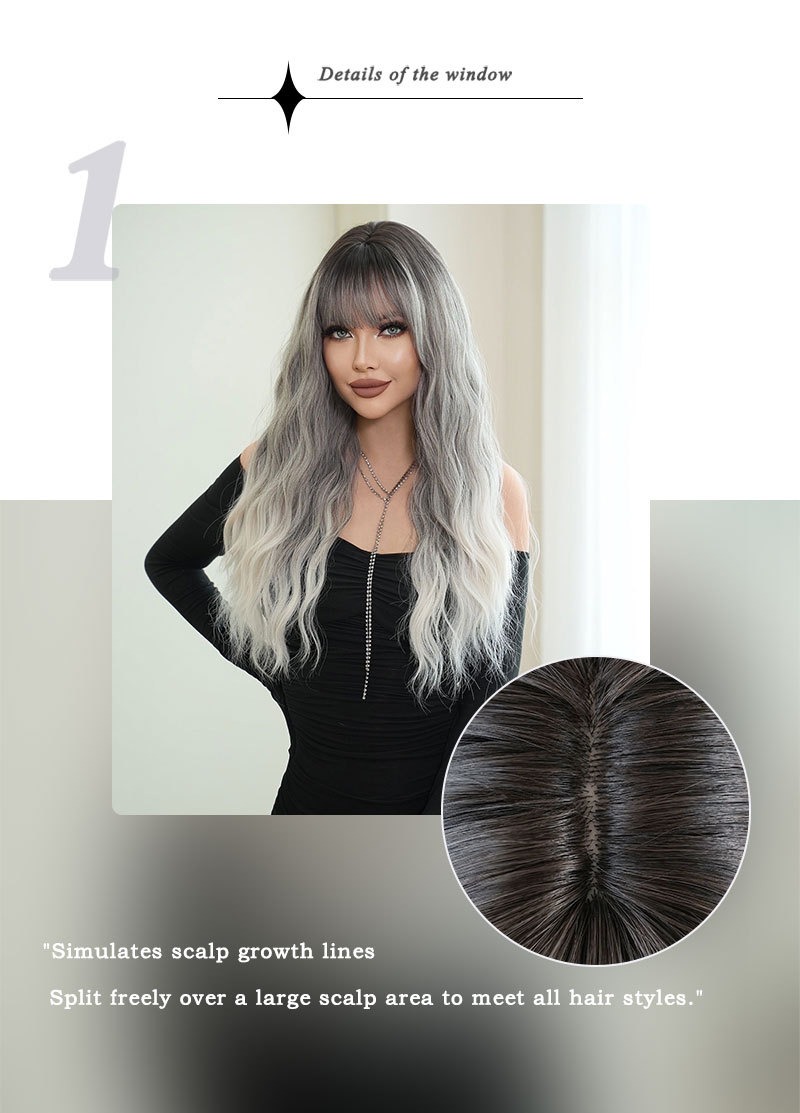 A synthetic wig with large waves, featuring gray gradient long curly synthetic hair, ideal for a stylish look