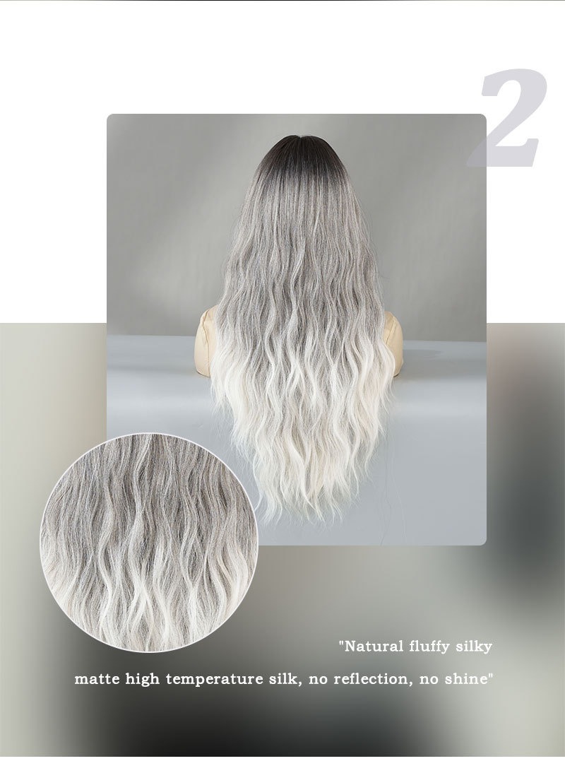 An elegant synthetic wig featuring long curly hair in a gray gradient color, styled in voluminous waves for a chic look