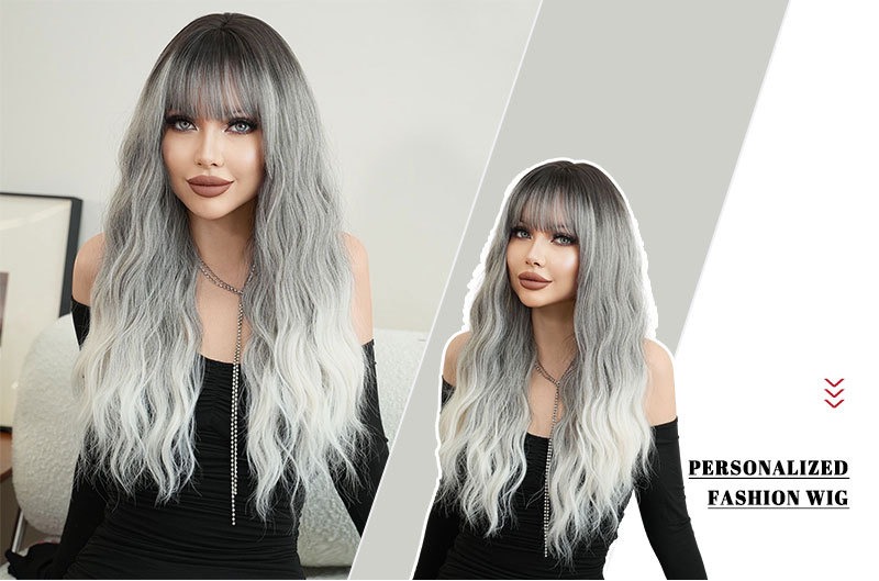 A stylish synthetic wig featuring gray gradient long curly hair with large waves, perfect for a trendy look