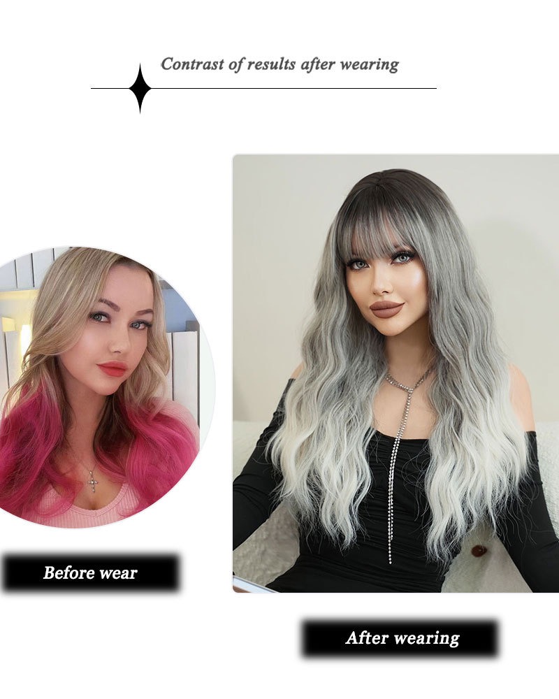 A wig with gray gradient long curly synthetic hair styled in large waves, designed for a fashionable appearance