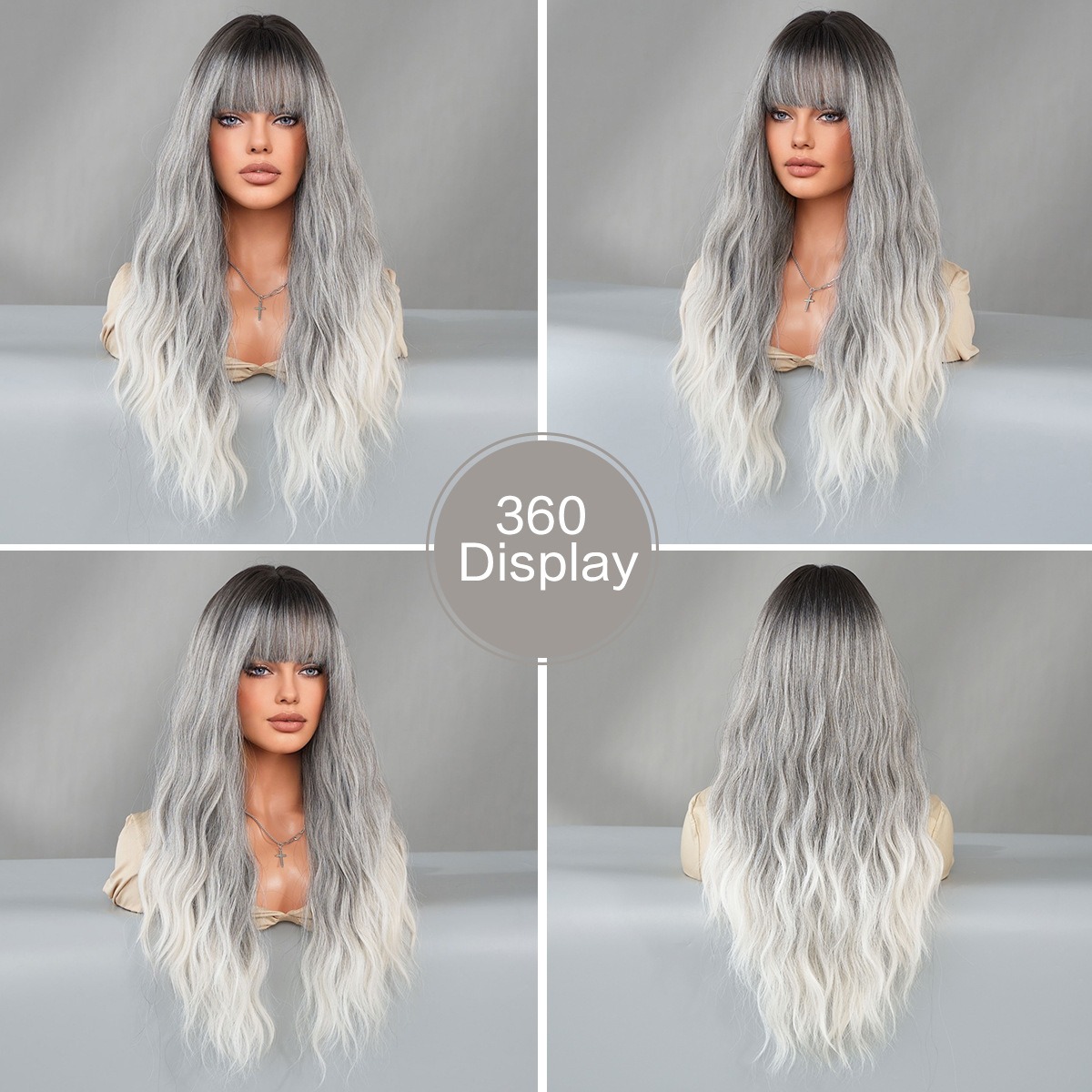 A fashionable synthetic wig with gray gradient long curly hair styled in large waves, ideal for a trendy style