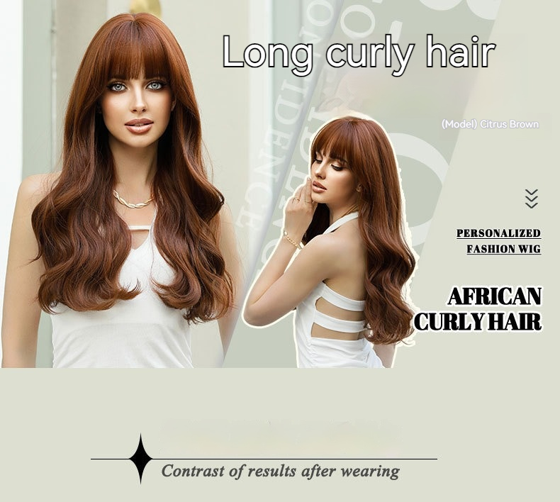 A synthetic wig with long curly brown hair styled in natural air bang