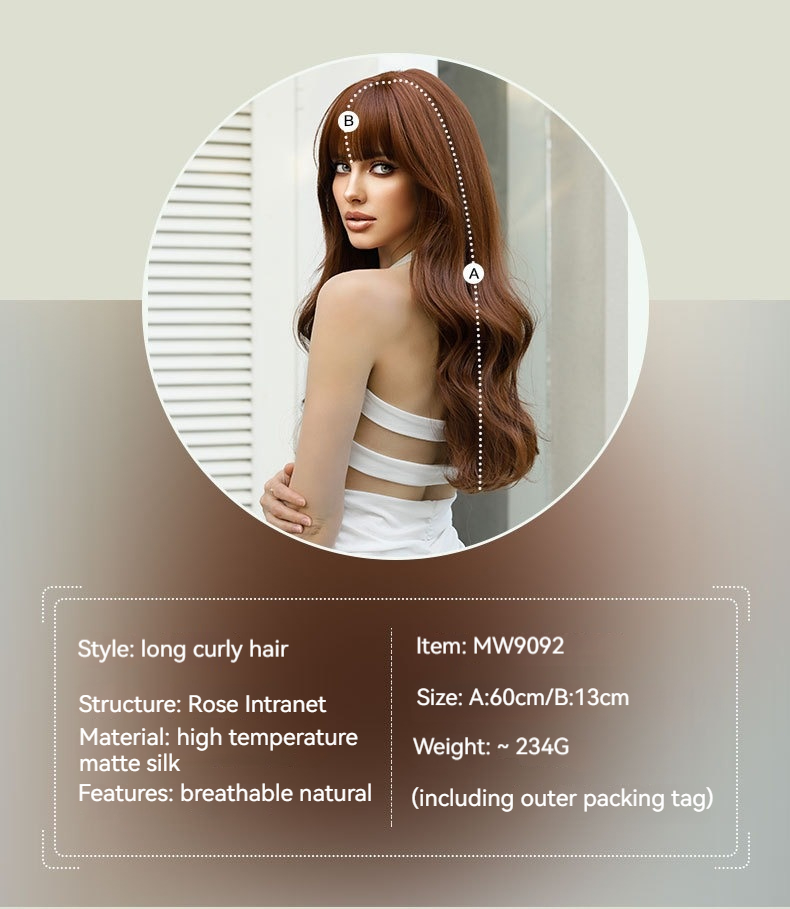 A stylish synthetic wig in brown with long curly hair and natural air bangs