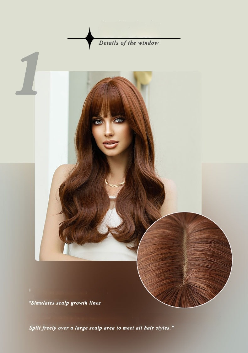 A fashionable synthetic wig in brown with long curly hair styled with natural air bangs