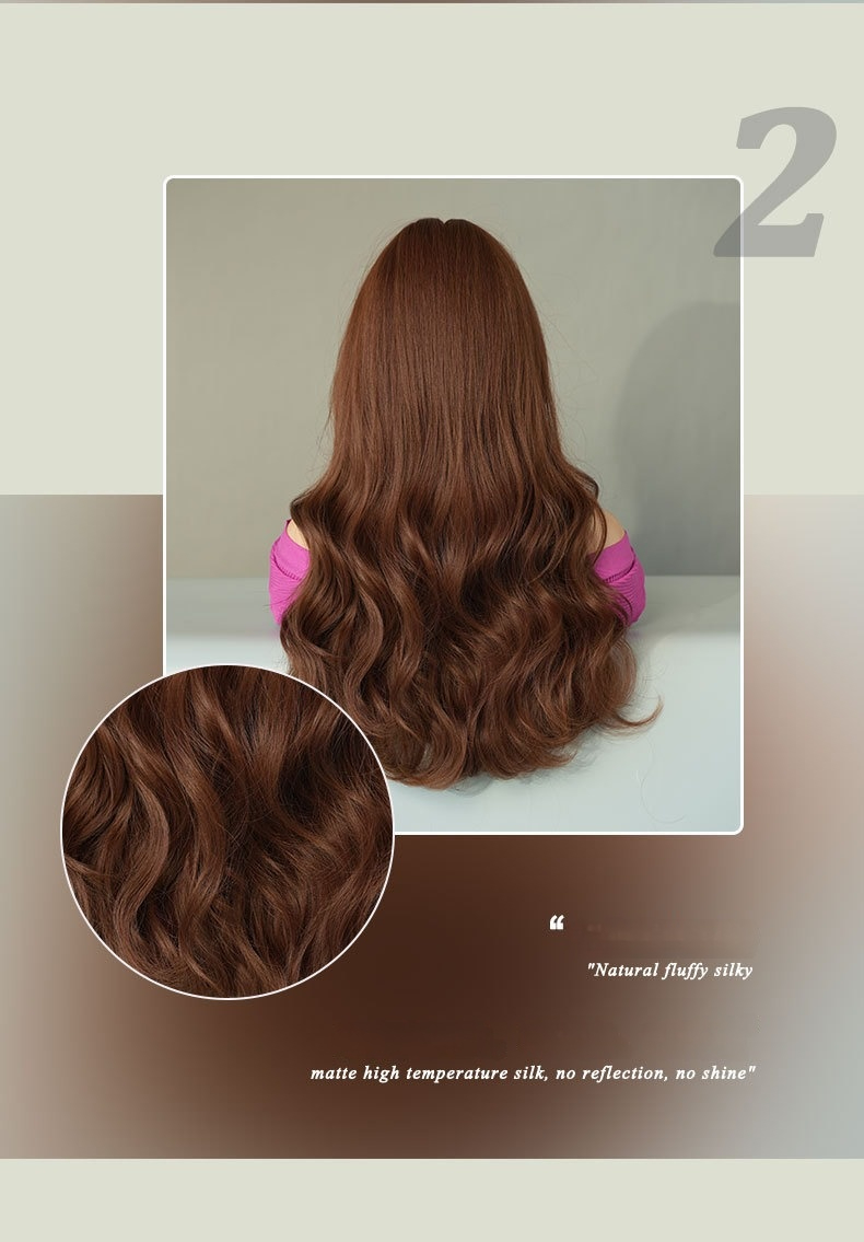 A synthetic wig in brown featuring long curly hair and natural air bangs