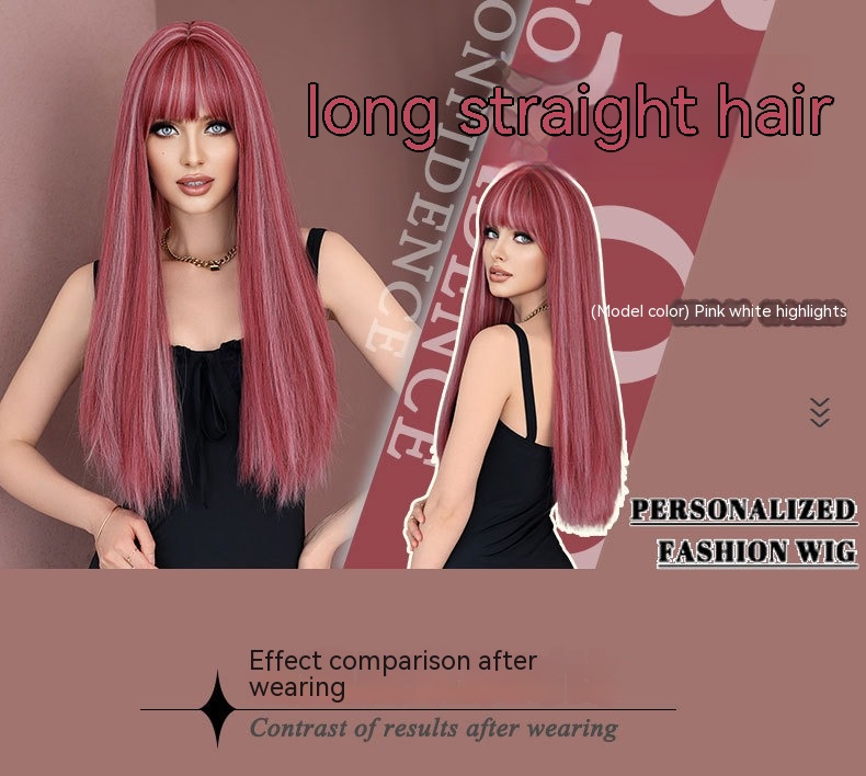 A synthetic wig in the Lolita style, featuring straight hair with pink highlights.