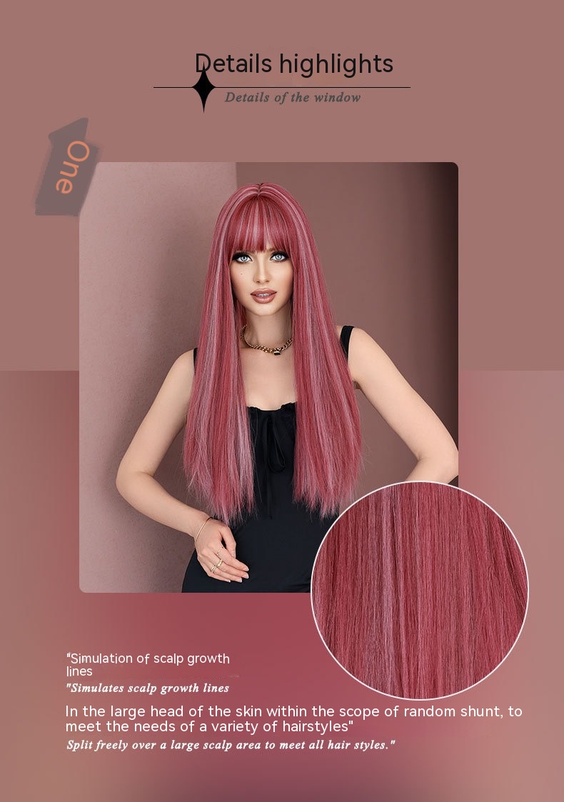 A fashionable synthetic wig in the Lolita style, showcasing straight hair with pink highlights