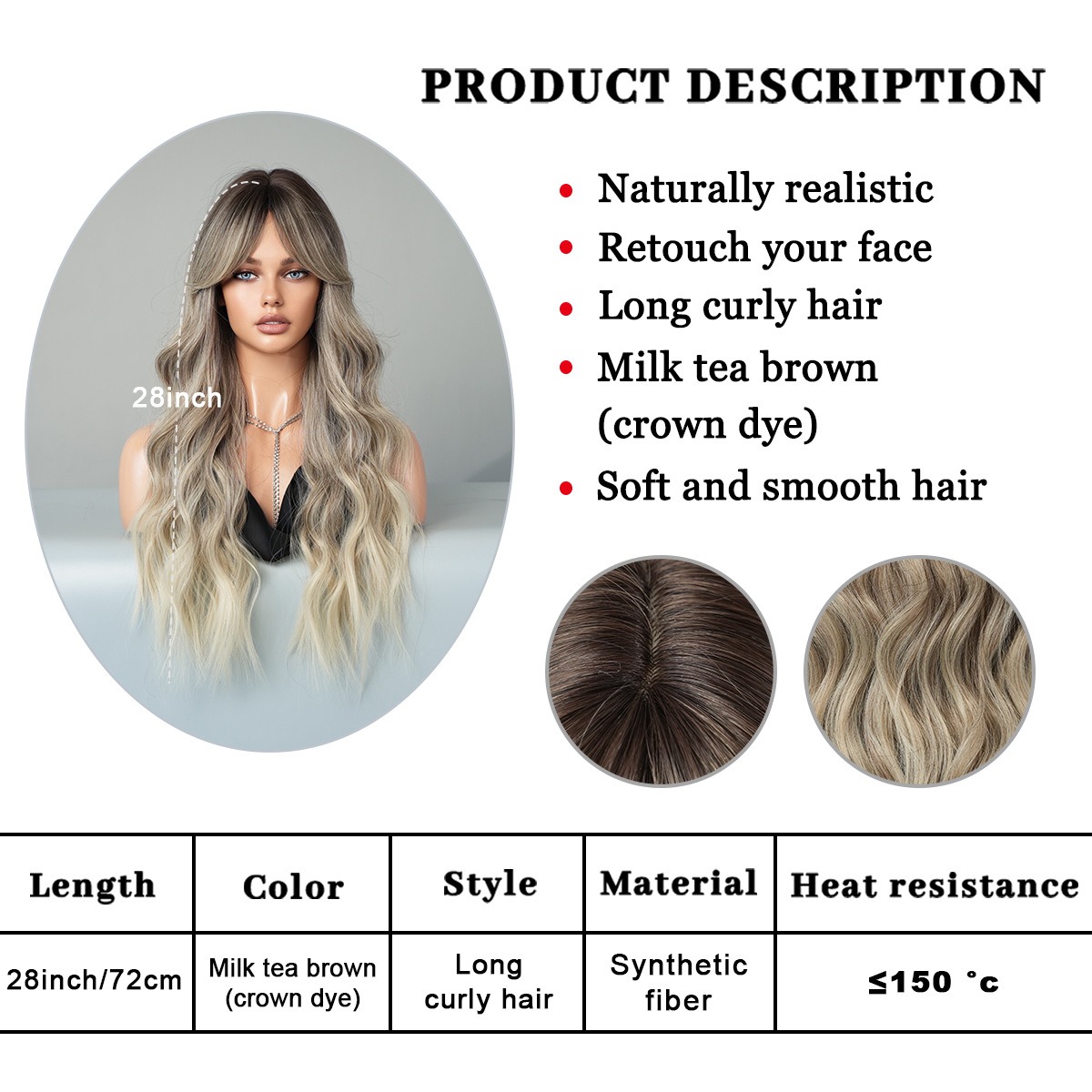 A fashionable synthetic wig in milk tea brown featuring long curly hair and female bangs