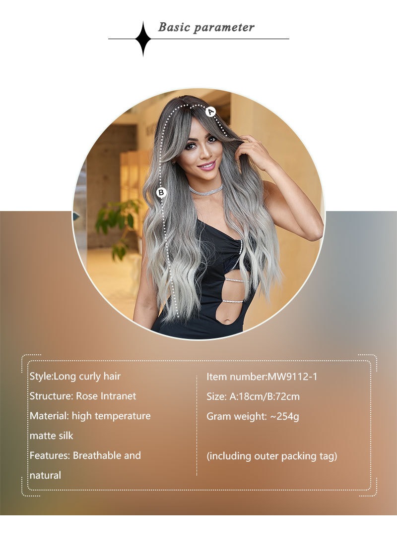 A synthetic wig in milk tea brown with long curly hair, female bangs, and large waves