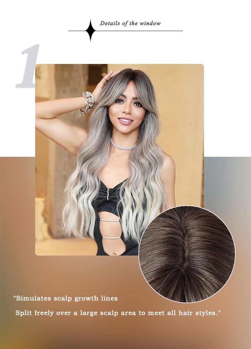 A synthetic wig featuring milk tea brown long curly hair, female bangs, and large waves