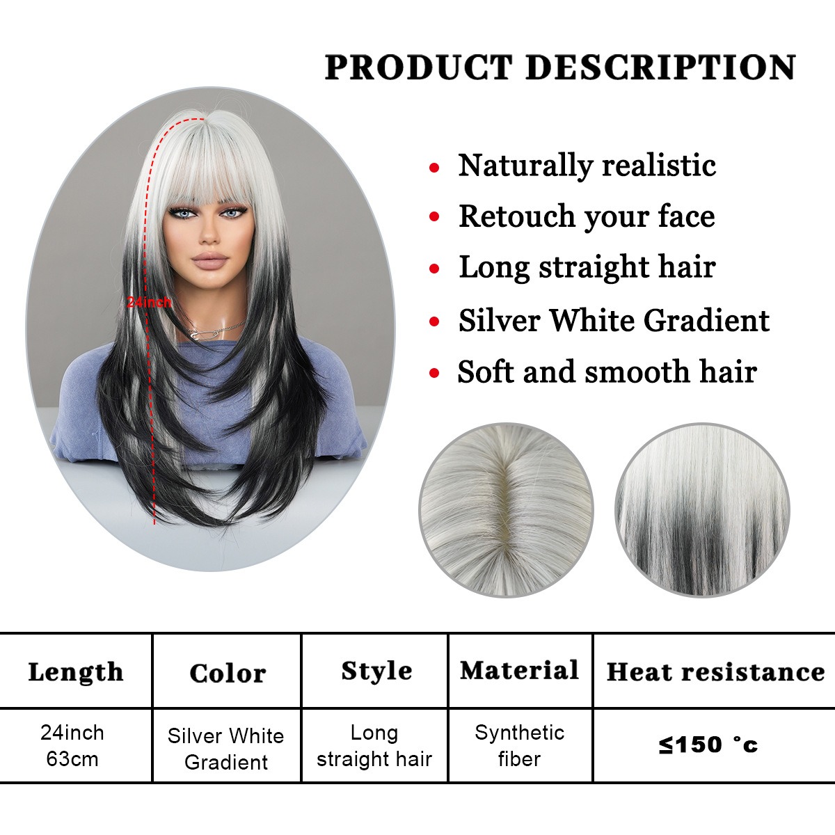 Long straight synthetic wig in silver gradient black, perfect for parties