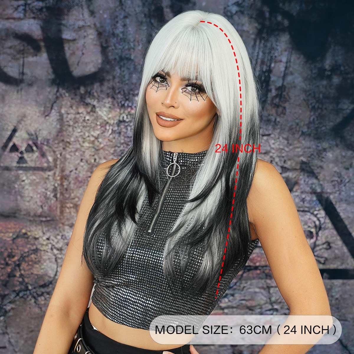 Image of a long straight synthetic wig with a silver gradient black color, suitable for parties