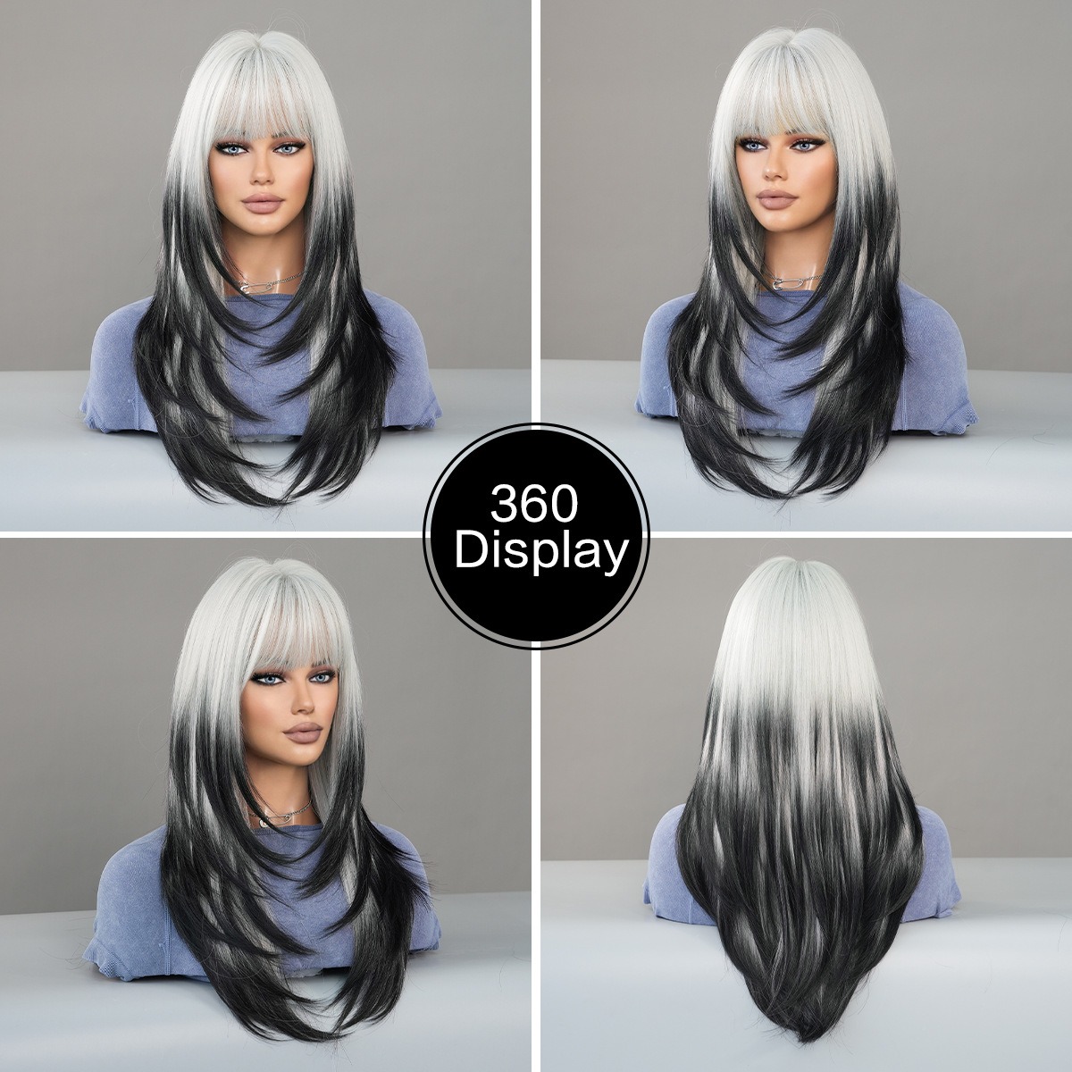 Synthetic wig in silver gradient black, styled for a party with long straight hair