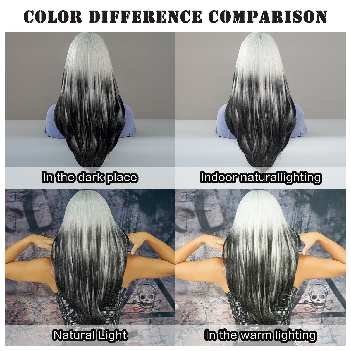 Synthetic wig designed for parties, featuring long straight silver gradient black hair