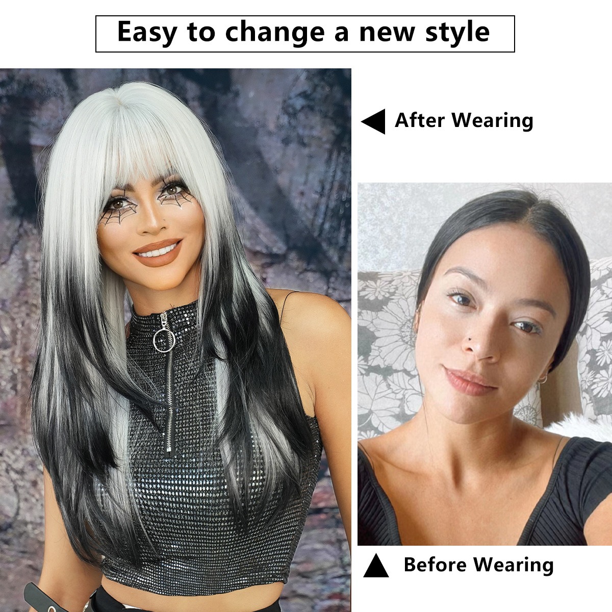 Synthetic party wig featuring long straight silver gradient black hair