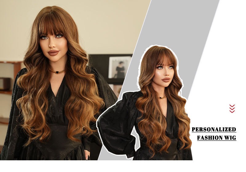 Stylish synthetic wig with blonde highlights, featuring long curly hair with large waves and bangs