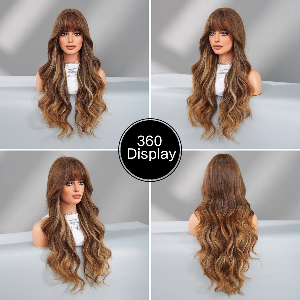 Chic synthetic wig with blonde highlights, featuring long curly hair with large waves and bangs, designed for women