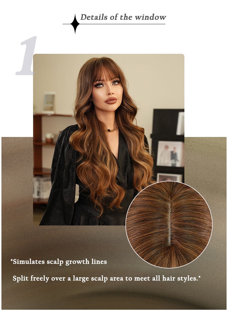 Fashionable synthetic wig with blonde highlights, designed for women, featuring long curly hair with large waves and bangs
