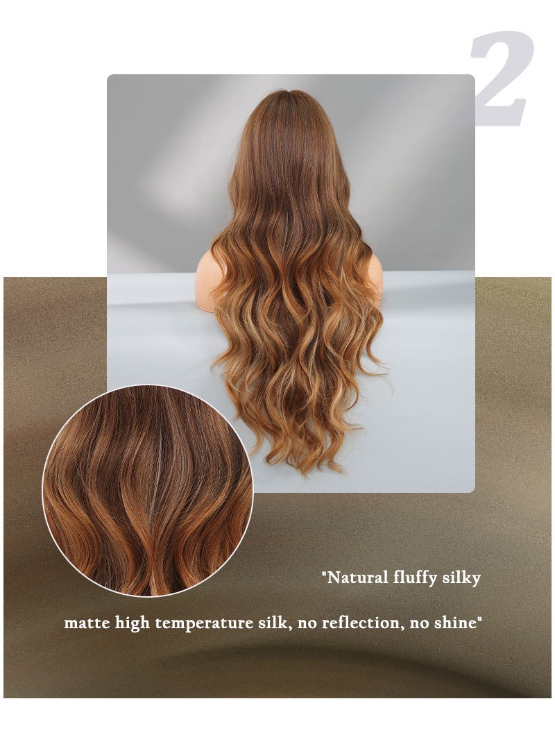 Stylish synthetic wig featuring blonde highlights, long curly hair, large waves, and bangs