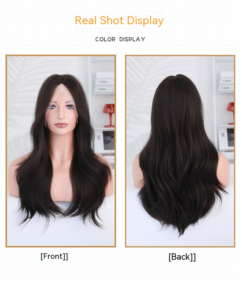 A hand-woven synthetic wig featuring T-shaped lace, with stylish long hair parted in the middle for a fashionable style