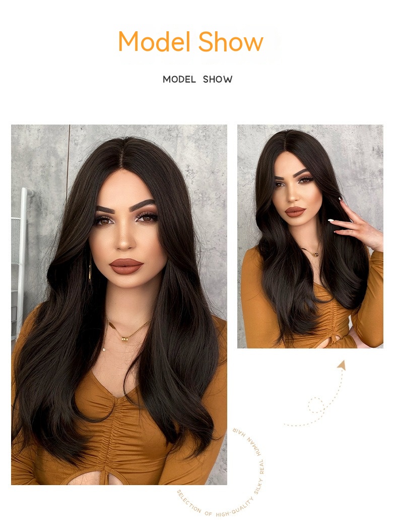 A stylish synthetic wig with hand-woven T-shaped lace, designed with long hair parted in the middle for a trendy look