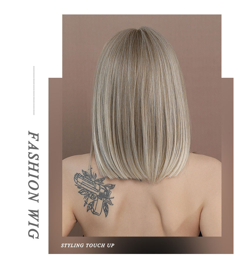 A synthetic wig in light blonde color, featuring BoBo style, short straight hair, and small T front lace