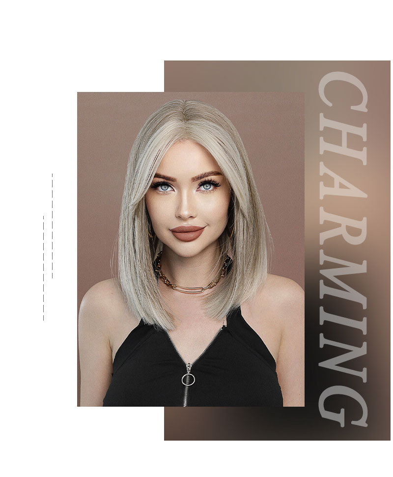 A synthetic wig in light blonde color, featuring BoBo style, small T front lace, and short straight hair