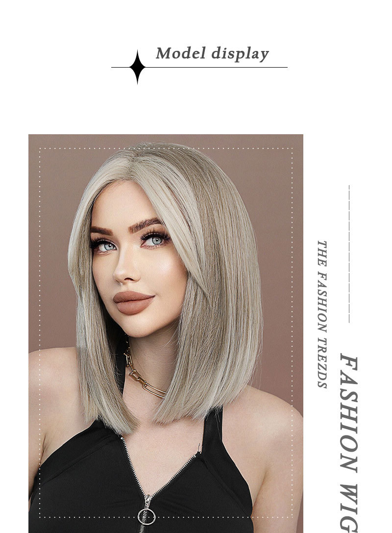 Image of a synthetic wig in light blonde color, styled in BoBo style with small T front lace and short straight hair