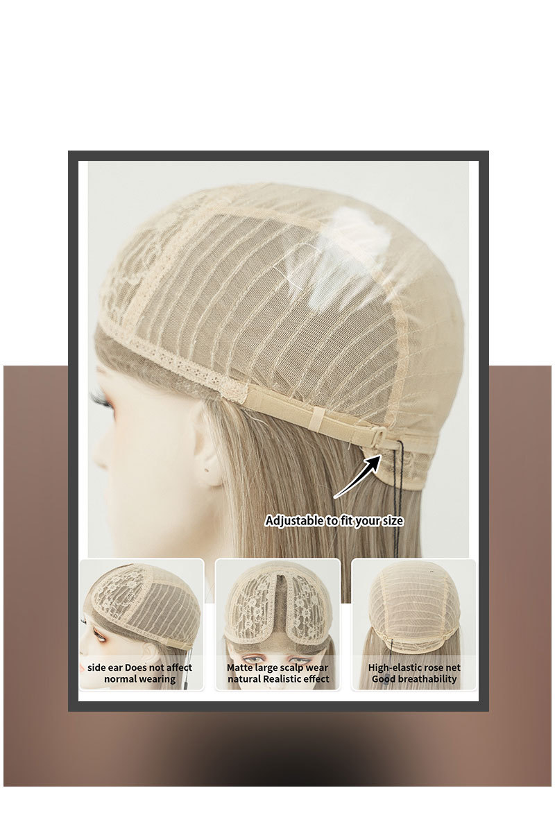 A fashionable synthetic wig in light blonde color, styled with short straight hair and small T front lace