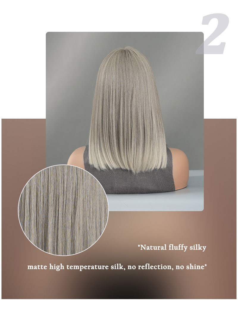 Image of a synthetic wig in light blonde color, styled with BoBo style and short straight hair, featuring small T front lace