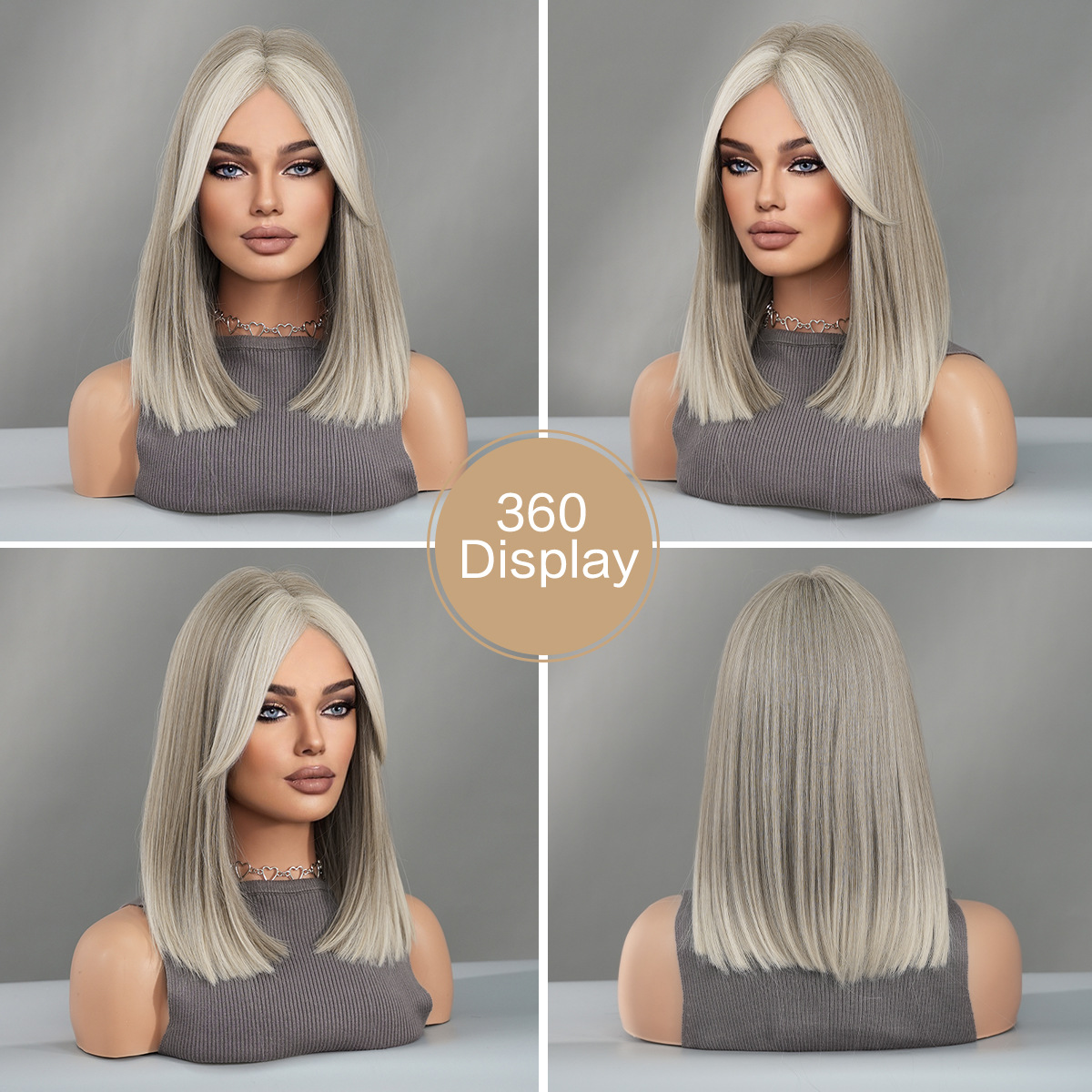 A synthetic wig in light blonde color, featuring BoBo style, short straight hair, and small T front lace