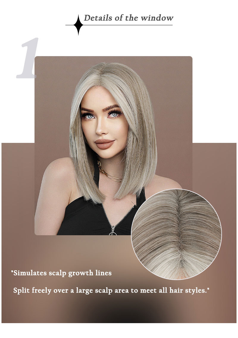 A fashionable synthetic wig in light blonde color, styled with short straight hair and small T front lace