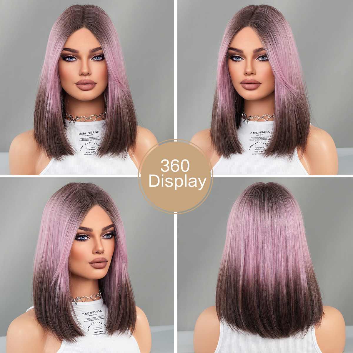Stylish synthetic wig with small T lace, featuring pink gradient brown short straight hair parted in the middle